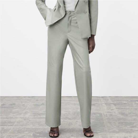 Zara Sage Green Faux Leather Wide Leg Pants Size Medium - Picture 1 of 11